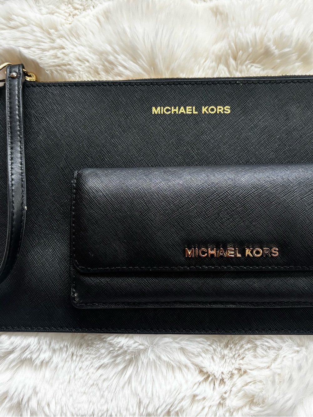 Michael Kors Black Saffiano Leather large pouch and Wallet Set with Gold Logo